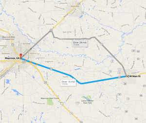 map from Waycross to Hoboken GA
